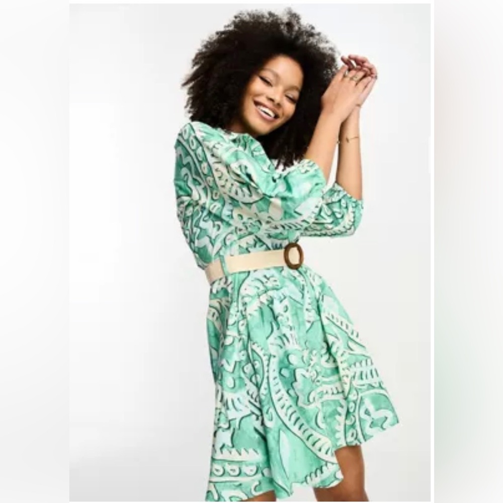 ASOS River Island paisey print shirt dress with raffia belt in green